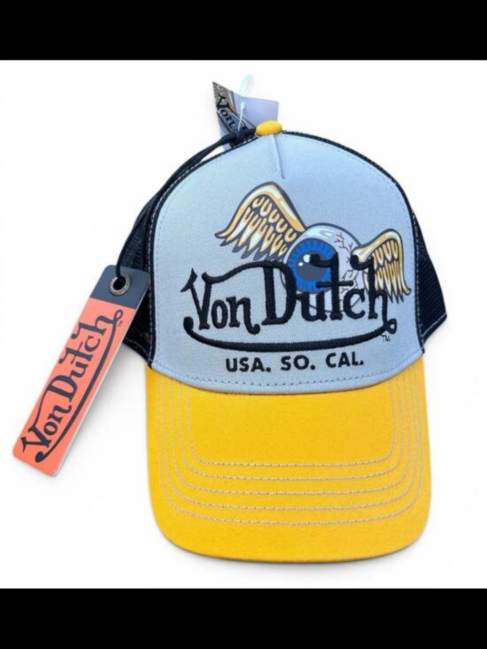 Von Dutch Light Blue and Yellow Wing Logo Trucker Hat